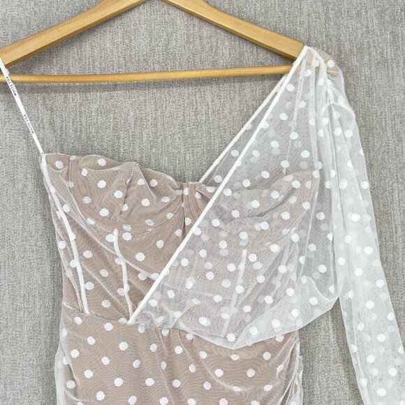 White Fox Boutique Fusion Sour One Shoulder Dress Ruched Bodycon Illusion NEW - Picture 5 of 11